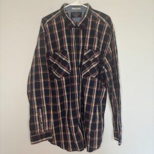 NAUTICA SEA VOYAGE Sz XXL Button Up Point Collar Navy Red Plaid Pockets